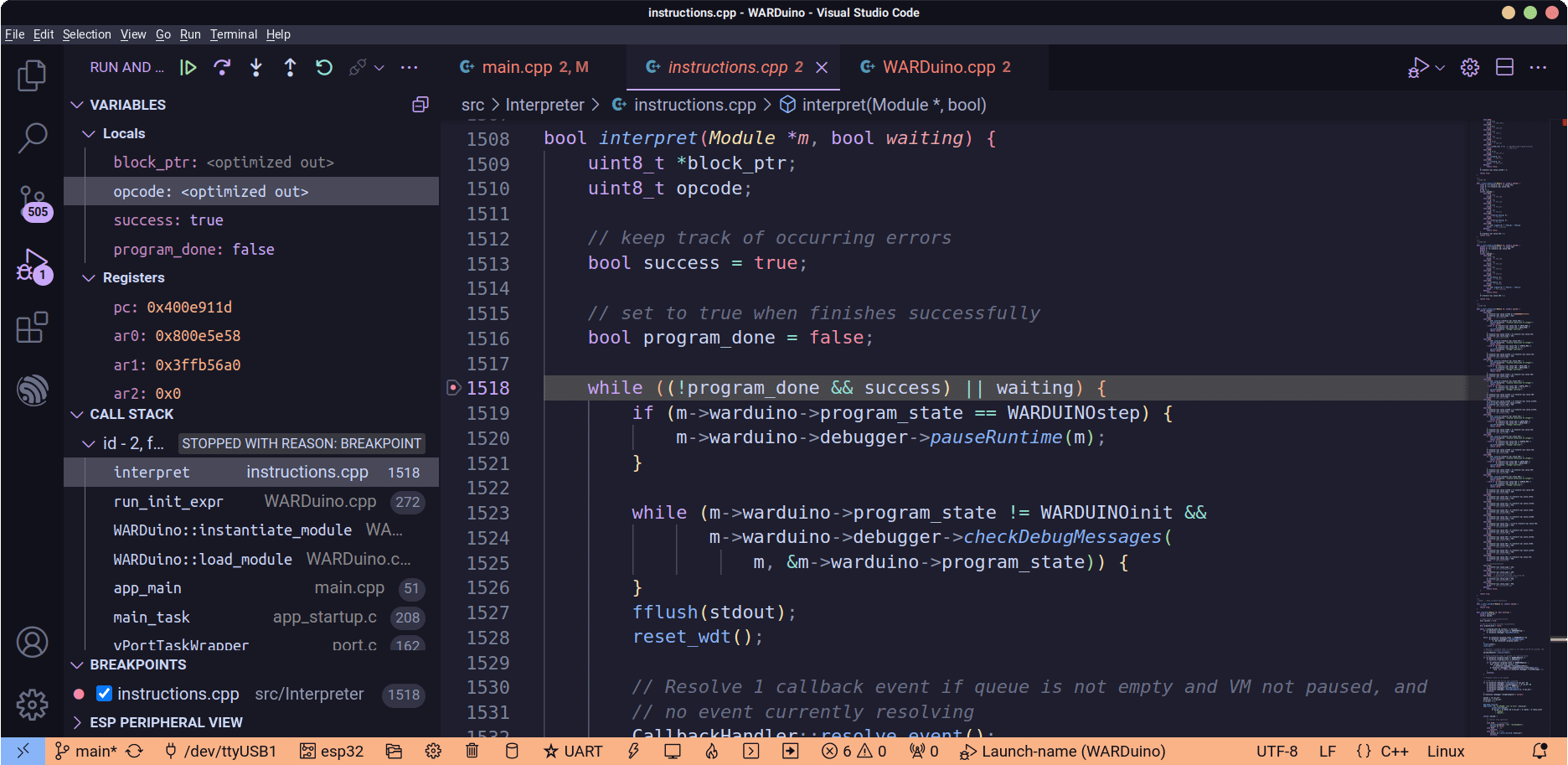 An active debug session of a WARDuino instance in the OpenOCD plugin for VS Code.